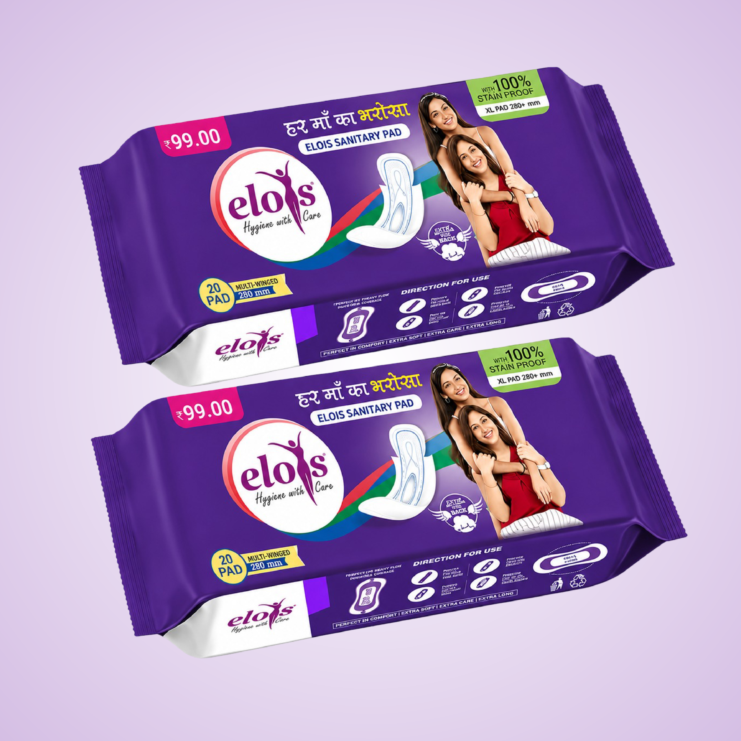 Elois Cotton Sanitary Pads for Women | XL 280 mm Overnight Pads for Heavy Flow | Soft Cotton with Wings | Pack of 2 (40 Pads)